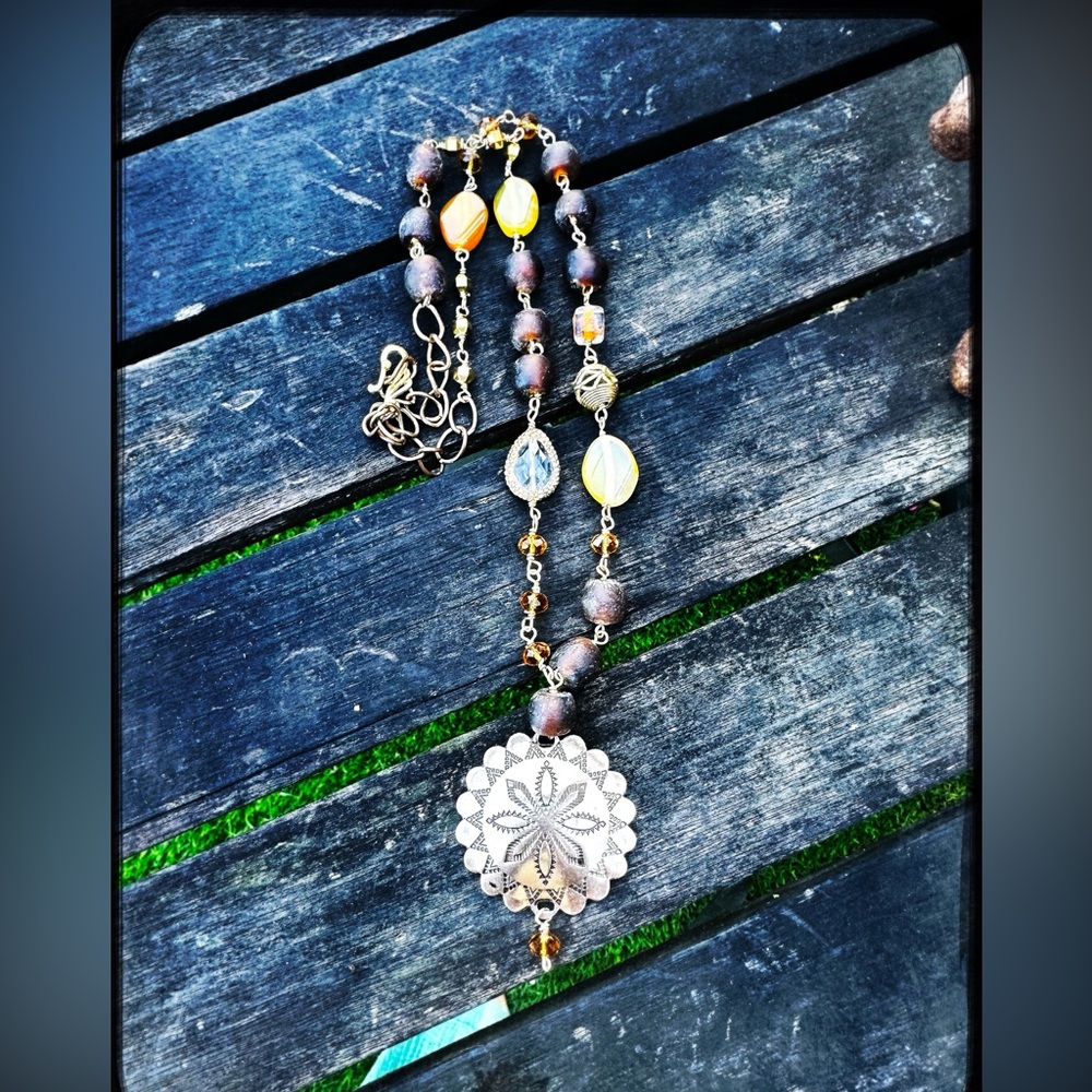 Gold Etched brass concha pendant with glass and stone beaded statement.